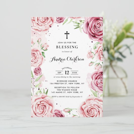 Elegante rosa Aquarellfarben-Rose rahmen Baby Sege Einladung (Stehend Vorderseite)