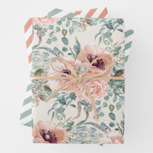 Elegante rosa Aquarelltöne Grüne Streifen Geschenkpapier Set (Beispiel)