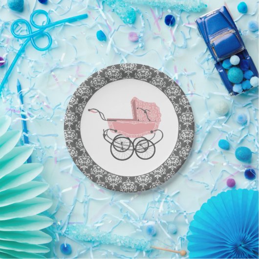 Elegante rosa Baby-Buggy-Baby-Duschen-Papierplatte Pappteller (Party)