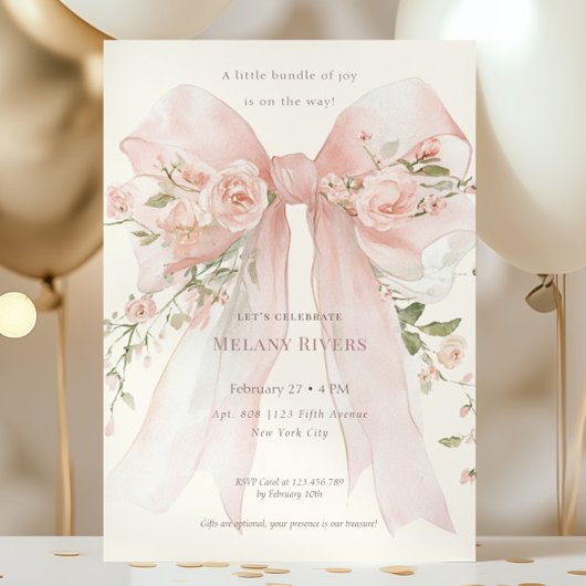Elegante rosa Babyparty-Rosen-Schleife Einladung