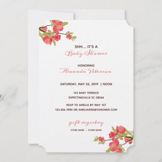Elegante rosa Baumblüten Baby-Dusche Einladung (Vorderseite)