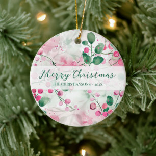 Elegante rosa Beeren Florales Weihnachten Keramik Ornament