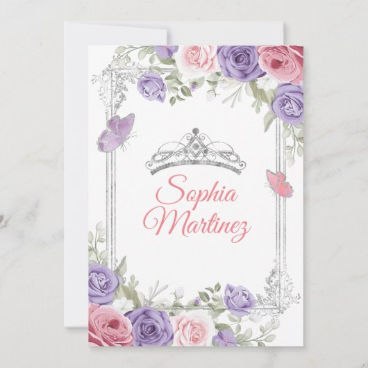 Elegante Rosa Bläserblume Silber Lila Girl Quincea Einladung (Rückseite)