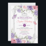 Elegante Rosa Bläserblume Silber Lila Girl Quincea Einladung<br><div class="desc">EDITABLE Elegant Pink Floral Silver Lila Girl Quinceañera Einladung Elegant Girl 15 Anos Mis Quince,  Butterfly 16. Geburtstag Einladend Rosa und Lila mexikanische Prinzessin Mis XV Anos</div>