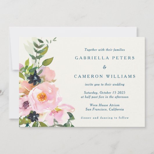 Elegante Rosa Blau Flora Wasserfarbe Moderne Hochz Einladung (Vorderseite)