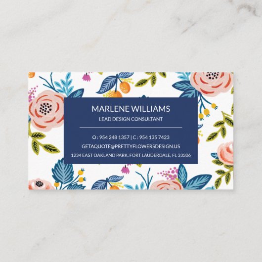 Elegante Rosa & Blue Floral Business Card Visitenkarte (Rückseite)