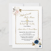 Elegante Rosa Blue Gold Blume Twins Taufe Einladung (Vorderseite)