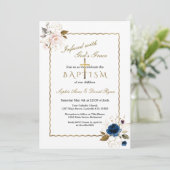 Elegante Rosa Blue Gold Blume Twins Taufe Einladung (Stehend Vorderseite)