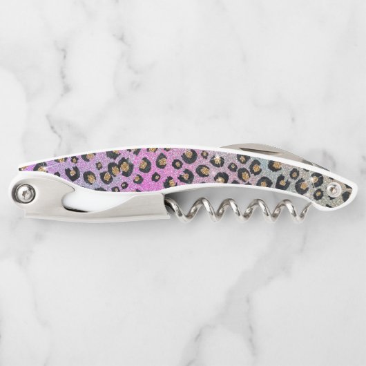 Elegante Rosa Blue Gold Glitzer Black Leopard Prin Kellnermesser (Vorderseite)