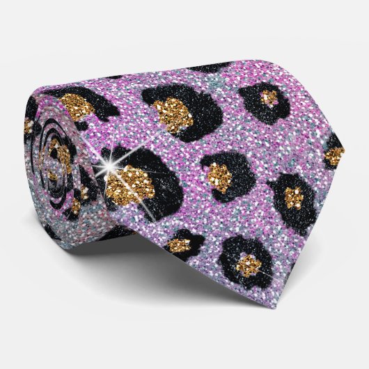 Elegante Rosa Blue Gold Glitzer Black Leopard Prin Krawatte (Gerollt)