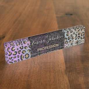 Elegante Rosa Blue Gold Glitzer Black Leopard Prin Namensplakette