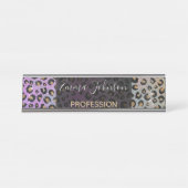 Elegante Rosa Blue Gold Glitzer Black Leopard Prin Schreibtischnamensplakette (Vorderseite )