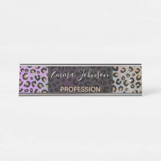 Elegante Rosa Blue Gold Glitzer Black Leopard Prin Schreibtischnamensplakette (Vorderseite )