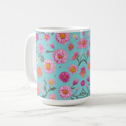 Elegante rosa blühweiße Gänse rosa Blume Kaffeetasse (Vorderseite Links)