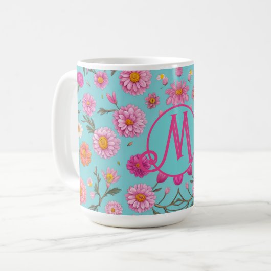 Elegante rosa blühweiße Gänse rosa Blume Kaffeetasse (Vorderseite Links)