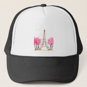 Elegante rosa Blume Aquarell Eiffelturm Paris Truckerkappe