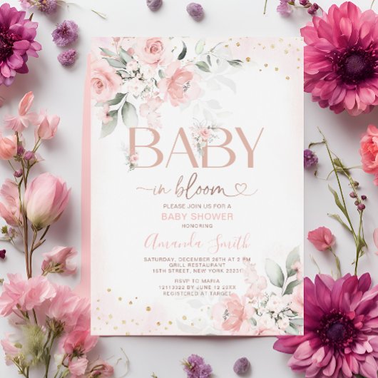 Elegante rosa Blume Baby in Bloom Baby Dusche Einladung