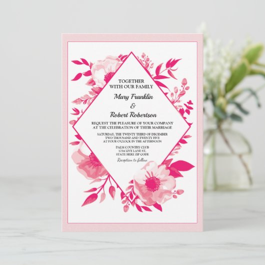 Elegante rosa Blume Diamond Wedding Einladung (Stehend Vorderseite)