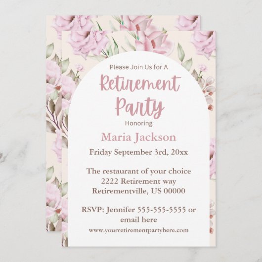 Elegante rosa Blume Einfache Pensionierung Einladung (Vorne/Hinten)