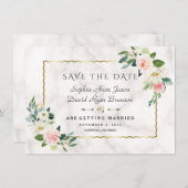 Elegante Rosa Blume Goldrahmen Marmorhochzeit Save The Date (Vorne/Hinten)