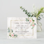 Elegante Rosa Blume Goldrahmen Marmorhochzeit Save The Date (Stehend Vorderseite)