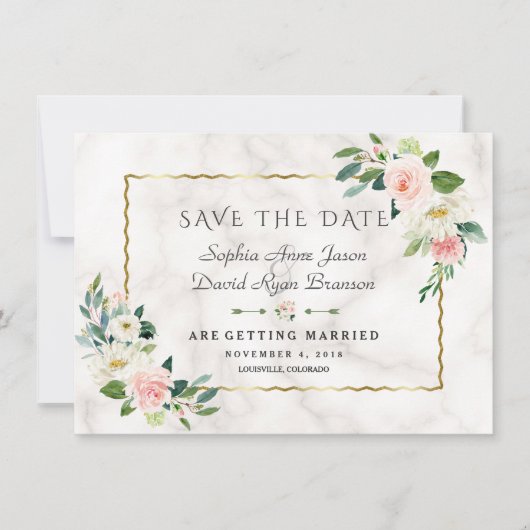 Elegante Rosa Blume Goldrahmen Marmorhochzeit Save The Date (Vorderseite)