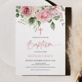 Elegante rosa Blume Grün Blätter Taufe Einladung