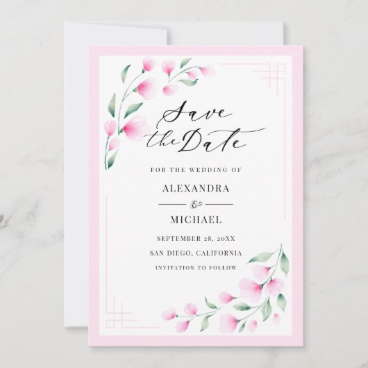 Elegante, rosa Blume Hochzeit Save The Date (Vorderseite)