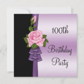 Elegante Rosa Blume & Lila Band 100. Geburtstag Einladung (Vorderseite)