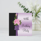 Elegante Rosa Blume & Lila Ribbon 90. Geburtstag Einladung (Stehend Vorderseite)