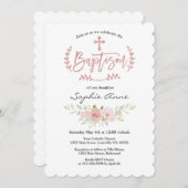 Elegante rosa Blume Rose Gold Cross Taufe Einladung (Vorne/Hinten)