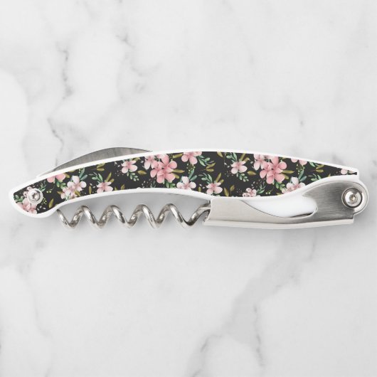 Elegante Rosa Blume Schwarzes Party Kellnermesser (Rückseite)