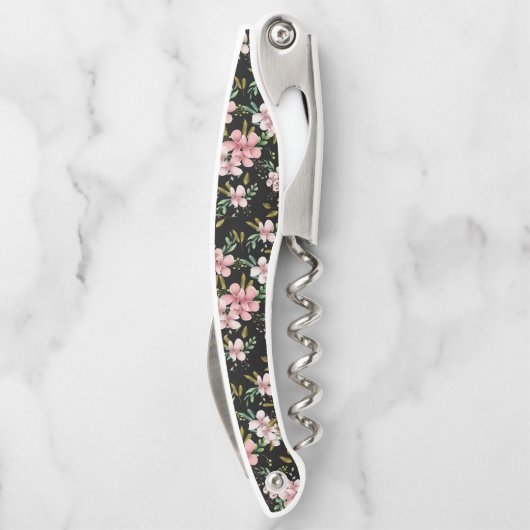Elegante Rosa Blume Schwarzes Party Kellnermesser (Rückseite)