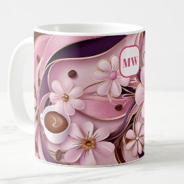 Elegante, rosa Blume und Bändchenmonogramm Kaffeetasse