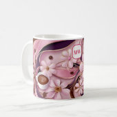 Elegante, rosa Blume und Bändchenmonogramm Kaffeetasse (Vorderseite Links)