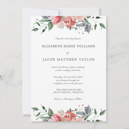 Elegante rosa Blume und kalligraphische Hochzeiten Einladung (Vorderseite)