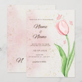 Elegante rosa Blume und Schmetterlingskarte Einladung (Vorne/Hinten)