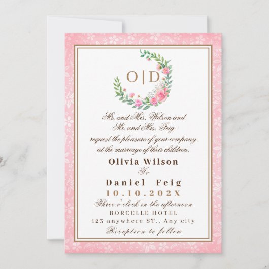 Elegante Rosa Blume Wasserfarbenhochzeit Einladung (Vorderseite)