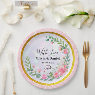 Elegante Rosa Blume Wasserfarbenhochzeit Pappteller