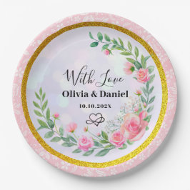 Elegante Rosa Blume Wasserfarbenhochzeit Pappteller