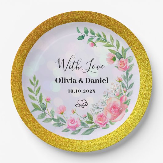 Elegante Rosa Blume Wasserfarbenhochzeit Pappteller (Vorderseite)