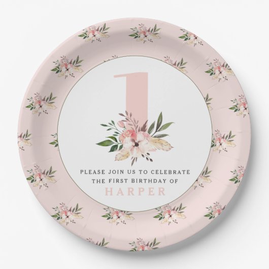Elegante rosa Blumen Geburtstagspapierplatten. Pappteller (Vorderseite)