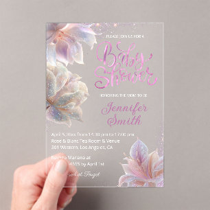 elegante rosa Blumen glitzern Mädchen Baby Shower Acryleinladungen
