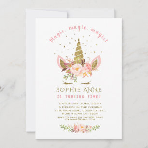 Elegante rosa Blumen Gold Glitter Einhorn Geburtst Einladung
