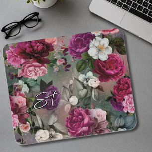 Elegante rosa Blumen graues Monogramm Mousepad