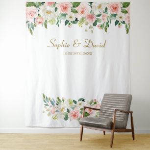 Elegante rosa Blumen Hochzeit Foto Booth Hintergru Wandteppich