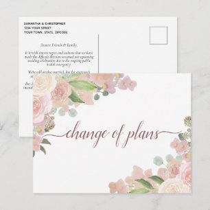 Elegante rosa Blumen Hochzeitsplanänderung Ankündigungspostkarte