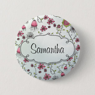 Elegante rosa Blumen mit Rahmen für einen Namen Button
