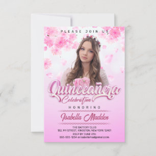 Elegante rosa Blumen- Prinzessin Quinceanera Foto Einladung
