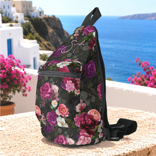 Elegante rosa Blumen schwarzes Monogramm gedruckt Crossbody Bag
